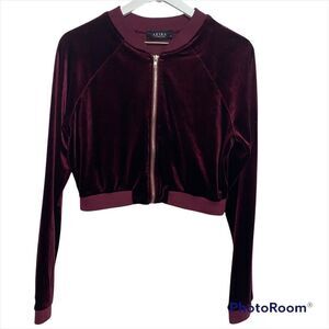 Akira Y2K Cropped Velvet Bomber Jacket Womens Medium Maroon Burgundy Zip Up